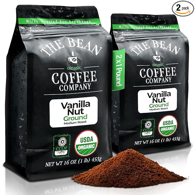 The Bean Organic Coffee Company Vanilla Nut, Medium Roast, Ground Coffee, 16-Ounce Bags (Pack of 2),Caf챕 molido tostado organico