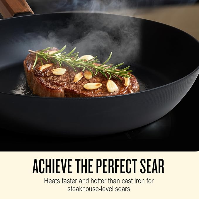 Alva Forest 9.5" Carbon Steel Frying Pan ??Naturally Nonstick, Pre-Seasoned, with Acacia Wood Handle, Made Without PTFE, PFOA, PFAS ??Sustainable Belgian Design, Induction & All-Stovetop Safe