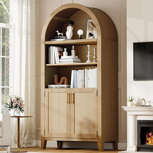 Arched Kitchen Pantry for, 63" Tall Wooden Entryway Storage Cabinet with 2 Doors & 5 Tier Adjustable Shelves, Versatile Farmhouse Hallway Organizer for Entryway, Bedroom, Dining Room