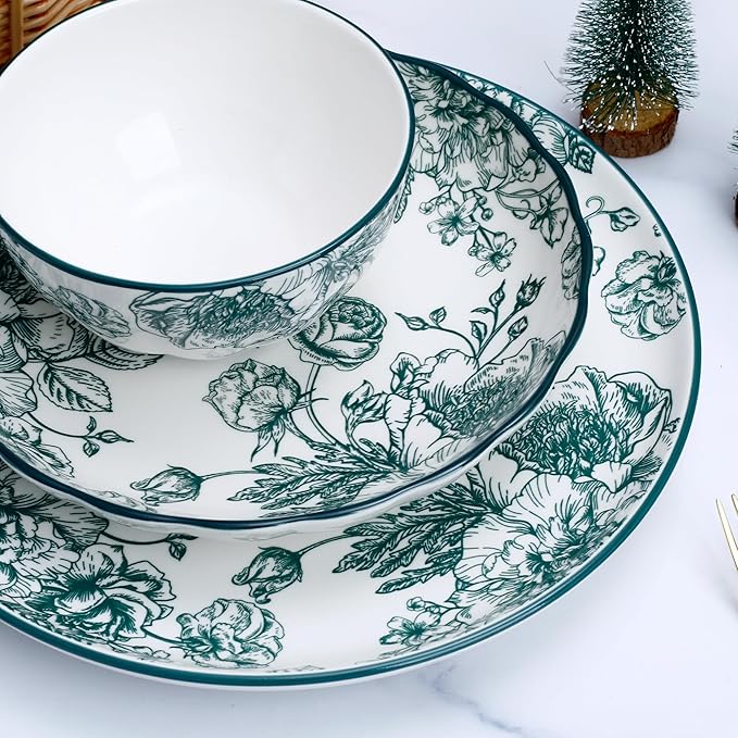 12-Piece Floral Porcelain Dinnerware Set, Service for 4, Green Pattern Plates and Bowls, Microwave and Dishwasher Safe