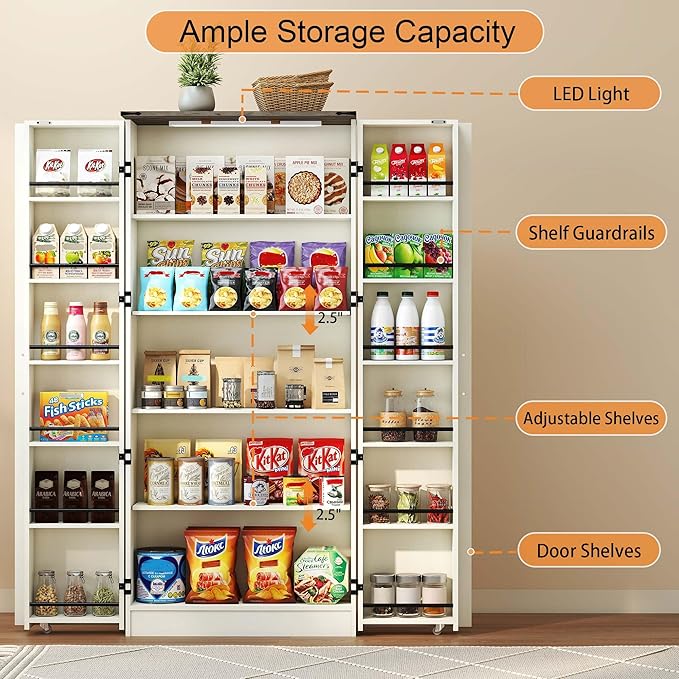 Tall Kitchen Pantry Cabinet: 67" Off White Farmhouse Pantry Cabinet for Kitchen Storage, Large Wood Food Storage Cabinet with Doors, Freestanding Food Cupboard
