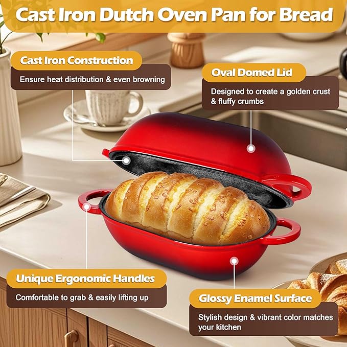 Homikit Enameled Cast Iron Dutch Oven for Bread Baking, 2.8 QT Oval Bread Oven Pot with Lid, Sourdough Loaf Iron Dutch Oven Pan for Roasting Cooking, Red & Heavy Duty