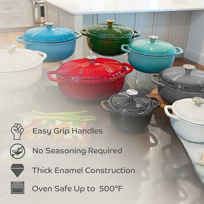 Segretto Enameled Cast Iron Dutch Oven Pot with Lid, Red, 6 Quart Sourdough Dutch Oven for Bread Baking, Braising, Roasting Safe to 500째F Durable Enamel with High Heat Retention and Moisture Lock Seal