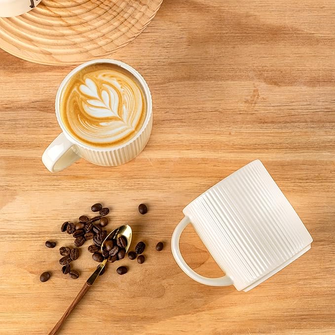theterra Ceramic Coffee Mugs Set of 6, 14.2oz Handmade Coffee Cups with Handle for Latte, Tea, Milk, Beer, Hot Cocoa, Beige