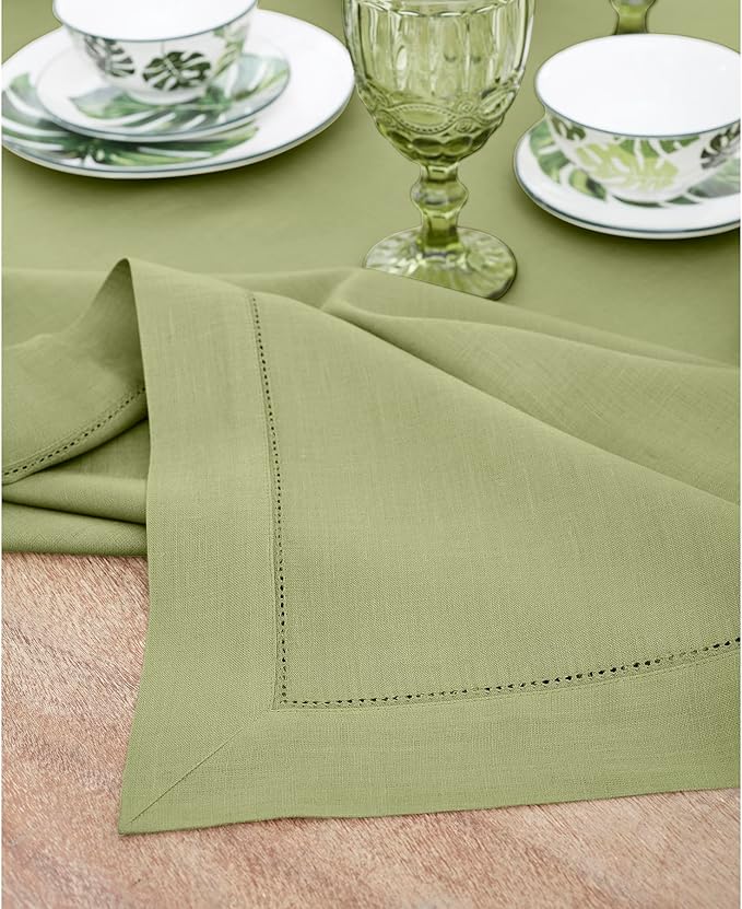 Solino Home Linen Tablecloth 60 x 132 Inch - Classic Hemstitch 100% Pure Linen Moss Green Table Cloth for Rectangle Tables - Machine Washable Tablecloth for Winter, Spring, Easter, St Patricks Day