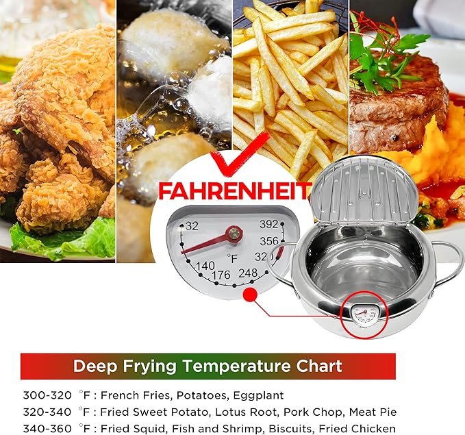 Deep Fryer Pot (째F), 11"/4.4Qt (4.2 L) Extra Large Tempura Frying Pot with Lid, 304 Stainless Steel Fry Pot with Fahrenheit Thermometer and Oil Drip Drain Rack