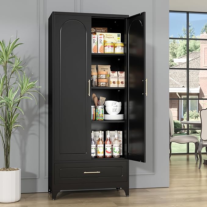Metal Storage Cabinet with Drawers,75Inch Black Pantry Cabinets for Kitchen Storage with 3 Adjustable Shelves,Tall Kitchen Pantry Cabinet for Living Room, Dining Room竊똎ffice