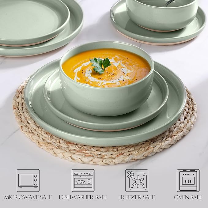 LIANYU Porcelain Dinnerware Set for 4, 12 PC Stoneware Dinner Plates and Bowls, Ceramic Dining Dishes Set for Dessert Salad Pasta, Microwave & Dishwasher Safe, Fog Green