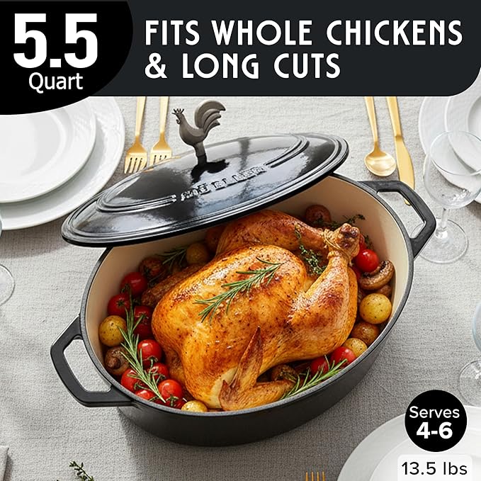 MUELLER HOME 5.5 Quart Enameled Cast Iron Oval Dutch Oven with Rooster Knob & Cotton Potholders, Heavy-Duty Cookware, Oven-Safe up to 500째 F & Across All Cooktops, Gifts for Grandma & Women, Black