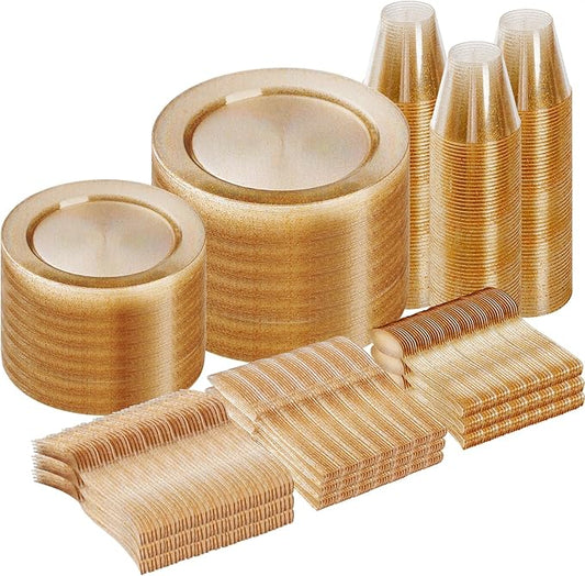 Goodluck 600 Piece Gold Glitter Disposable Plates for 100 Guests, Plates for Party, Wedding, Dinnerware Set of 100 Dinner, 100 Salad Plates, 100 Spoons, 100 Forks, 100 Knives, 100 Cups