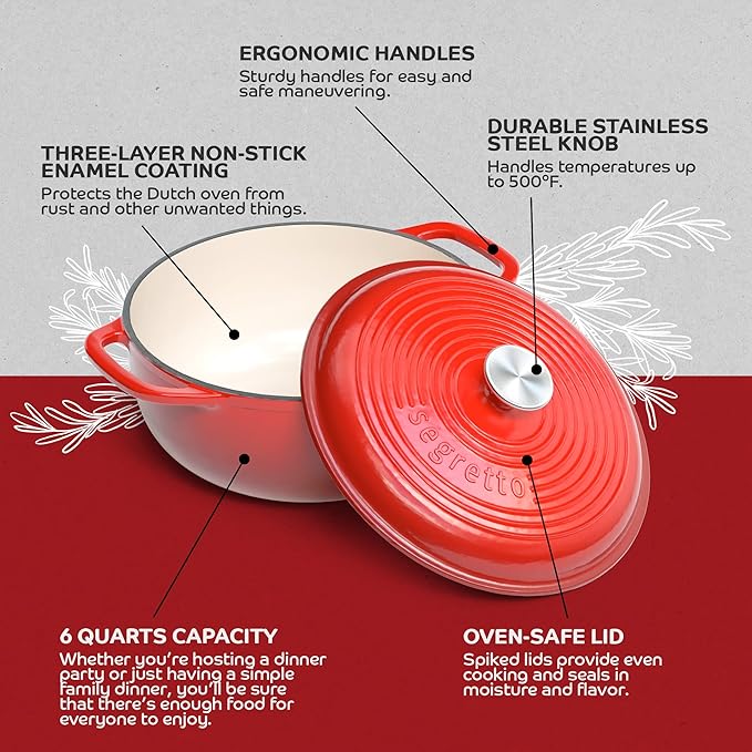 Segretto Enameled Cast Iron Dutch Oven Pot with Lid, Red, 6 Quart Sourdough Dutch Oven for Bread Baking, Braising, Roasting Safe to 500째F Durable Enamel with High Heat Retention and Moisture Lock Seal