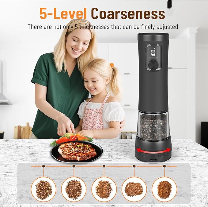 Electric Salt and Pepper Grinder Set With Battery Display Rechargeable Base, External Adjustable Coarseness, Automatic Ceramic Salt & Pepper Shakers Mills(Black Pro)