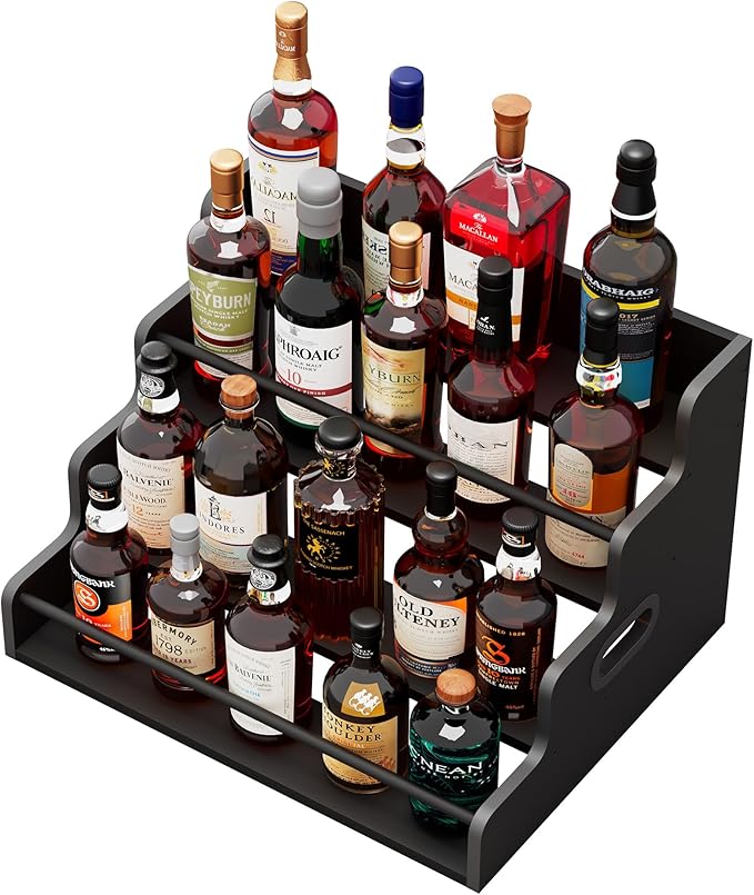 19.6?쓂 x 15.74" D x 12.5" H Inches Versatile 4-Step Coffee Syrup & Water Bottle Organizer Rack Multi-Functional Retro Display Shelf for Kitchen or Bar, Holds Liquor & Spirits, Black
