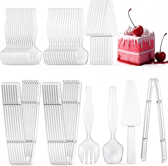 50 Pcs Disposable Plastic Serving Utensils Set Include 8.5'' Serving Spoons Forks 9'' Tongs and Knives for Birthday Party Buffet Dinner Food Salad Utensils Christmas (Clear)