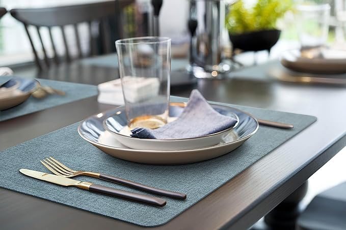 More D챕cor Faux Leather Placemats Set of 6 for Dining Table ??Waterproof, Wipeable, Washable, Stain & Heat Resistant, Non-Slip Table Mats ??12 X 17 Inch, Blue