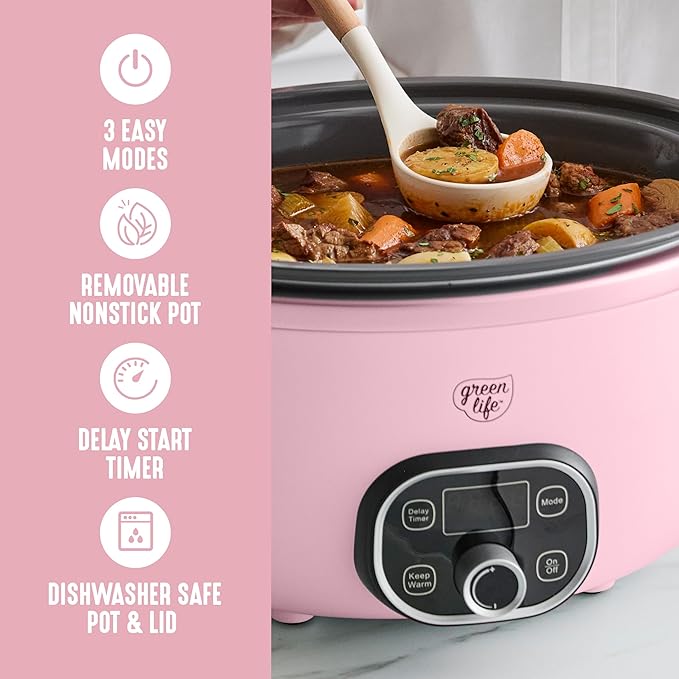 GreenLife 8QT Slow Cooker, Non-Toxic PFAS-Free Ceramic Nonstick Removable Interior Bowl, Programmable, Family Friendly, Keep Warm, Stovetop & Oven Safe, Dishwasher Safe Crock, Timer, Glass Lid, Pink
