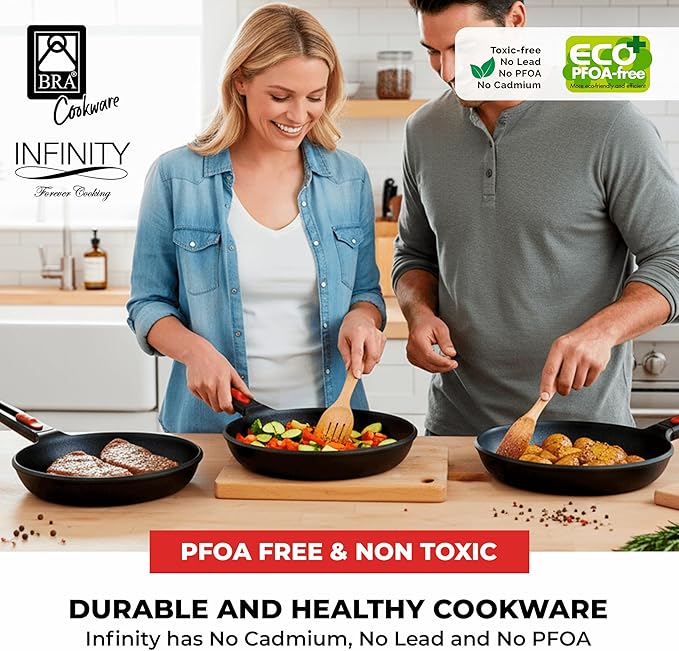 BRA COOKWARE Infinity 3-Piece Nonstick Frying Pan Set | 8, 9.5 & 11 Inch Cast Aluminum Skillet Set | PFOA/PFAS Free Fry Pans | All Cooktops incl. Induction | Oven Safe Searing Skillets