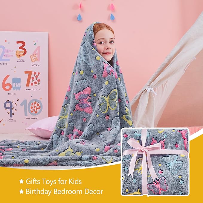 QSTEHEML Butterfly Glow in The Dark Blanket,Butterfly Gifts Toys for Kids Girls Age 3-12 Years Old, Birthday, for Daughter, Toddler, Teen, and Grandkids Soft Throw 50"횞60"