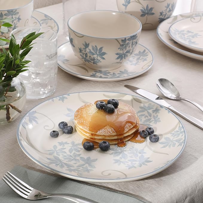 Gibson Home Admiral Hall 12-Piece Matte Stoneware Dinnerware Set ??Dinner Plates, Salad Plates & Bowls with Blue Floral Pattern, Durable Everyday Dish Set, Microwave & Dishwasher Safe