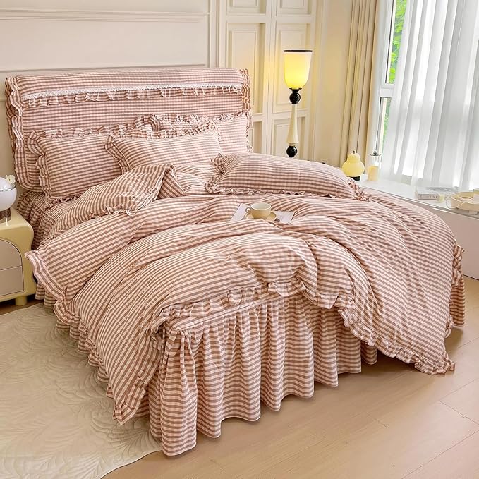 LifeTB Pink Gingham Comforter Set Full Ruffle Pink Plaid Comforter Set 3 Pieces Grid Checkered Pattern Comforter with 2 Pillowcases Fluffy Boho Farmhouse Gingham Bedding Comforter for All Seasons