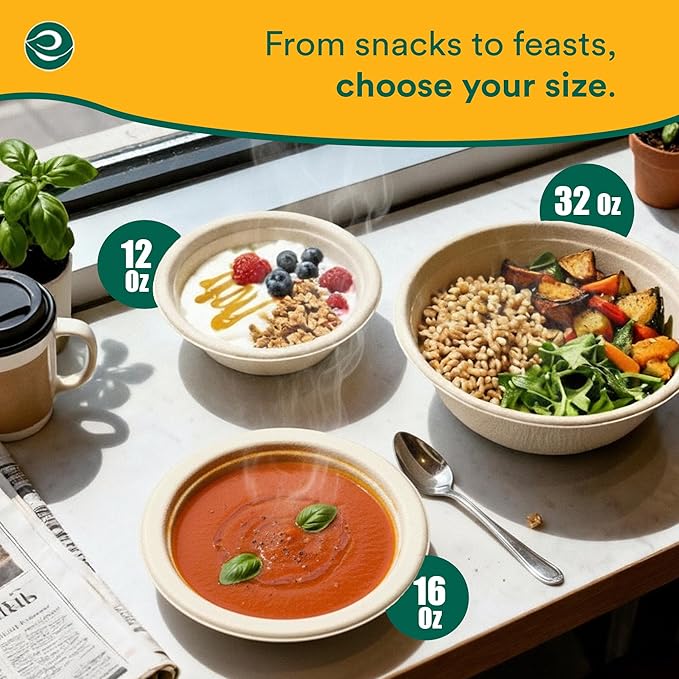ECO SOUL 100% Compostable 12 Oz Soup Bowls [4 Packs of 125] Disposable dessert bowls I Heavy duty paper bowl I Eco-friendly salad bowl I Biodegradable large Bowls