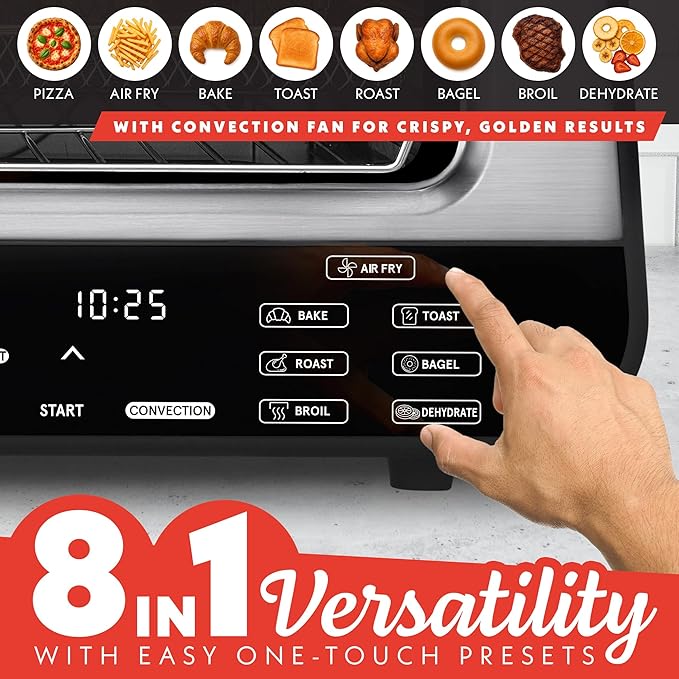 Gourmia Indoor Pizza Oven Air Fryer Toaster ??1800W Countertop Multi-Cooker with Pizza Stone, Digital Controls & 6 Presets, Stainless Steel