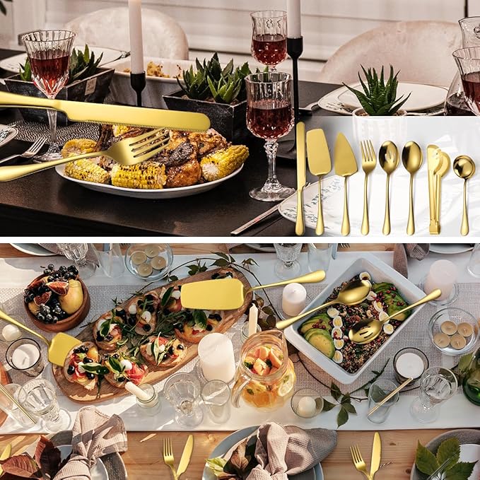 AARAINBOW Hostess Serving Utensils Set Large, 8 Pcs Stainless Steel Serving Utensils for Parties Buffet, Flatware Serving Sets with Serving Spoon Slotted Spoons Serving Forks (Golden)