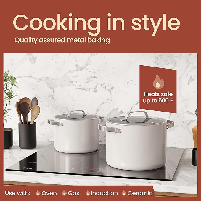 Bakken 8.5 Quart Ceramic Coated Stock Pot with Lid, Easy Clean Nonstick Pot, Tempered Glass Lid, Riveted Stainless Steel Handles, Oven Safe Up To 500째F, PTFE & PFAS Free, All Stove Compatible, Cream