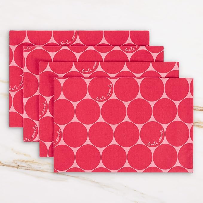 Kate Spade New York Joy Dot Placemats 4-Pack Set, Reversible, 100% Cotton, Machine Washable, Rose Pink/Red, 13"x19"