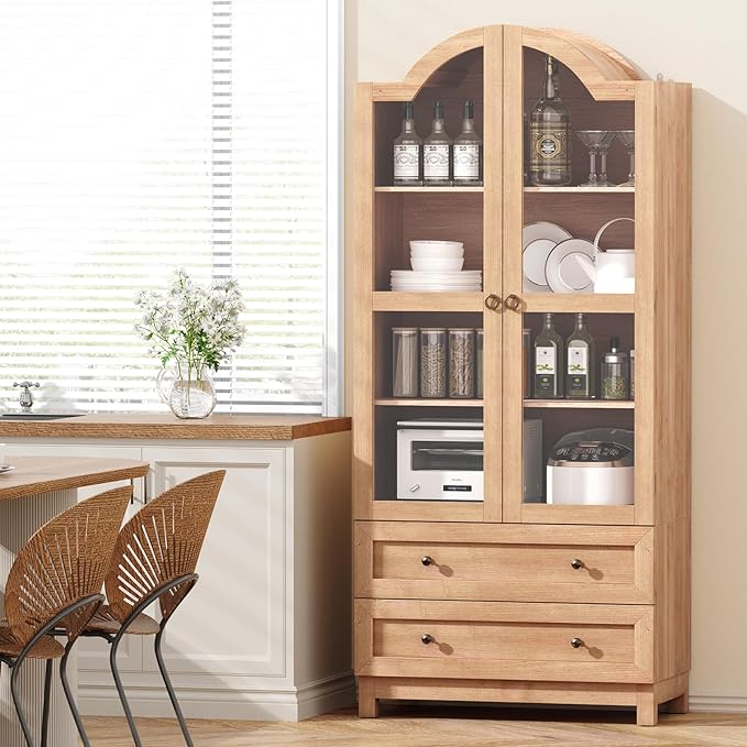 EasyCom 71 Tall Arched Pantry Cabinet, Farmhouse Wood Kitchen Cabinet with 2 Large Drawers, 4-Tier Storage Cabinet with Adjustable Shelf & Magnetic Clasp Doors for Living Room, Dining Room, Natrual
