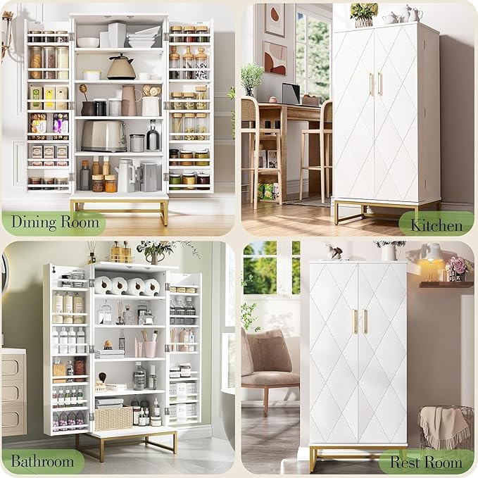 51??Kitchen Pantry Storage Cabinet, White Freestanding Pantry Cabinets with Doors and Adjustable Shelves, Buffet Cupboards Storage Cabinet for Home Office Use, Dinning Room(White + Gold)