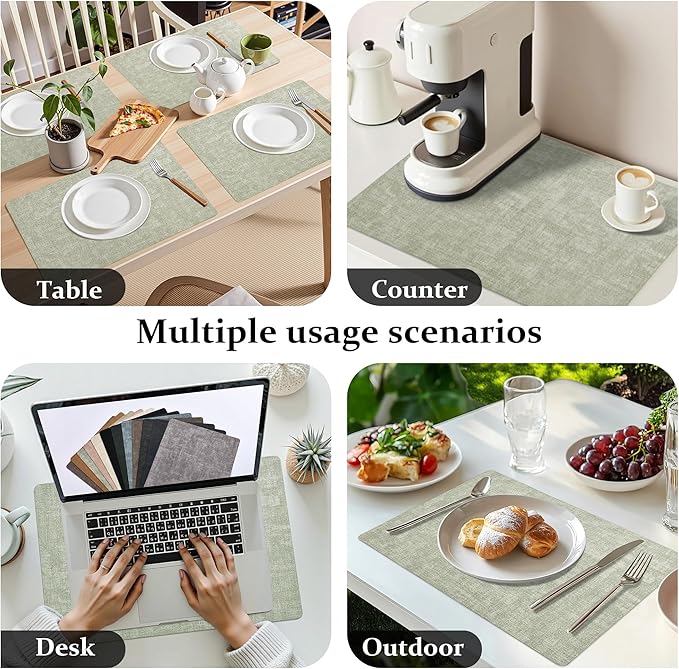 FROMHEART Faux Leather Placemats Set of 4?밯aterproof,Heat/Oil Stain-Resistant PU Table Mat?밨eversible,Non-Slip,Easy to Clean Place Mats for Kitchen,Dining,Indoor/Outdoor,(Light Green,11.8" x 17")
