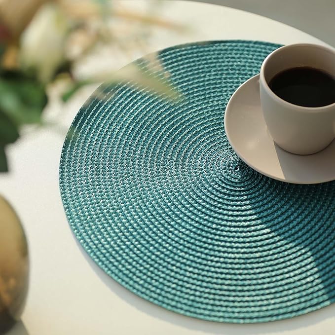 FunWheat Round Braided Placemats Set of 6 Place Mats for Dining Tables Woven Washable Non-Slip Table mats Small 13 inch(S Teal, 6pcs)
