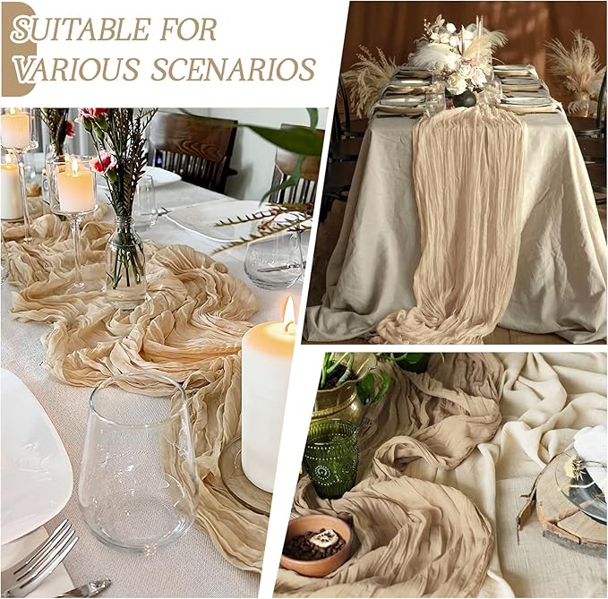 RealBox 3 Pack Beige Cheesecloth Table Runner 17x108 Inch Semi Sheer Boho Gauze Cheese Cloth Fabric Table Runners Table Decor for Wedding Party Baby Shower Birthday Home Decor Garden Farmhouse