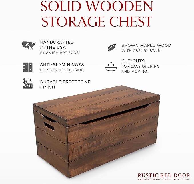 Hope Woodworking Amish Made Wooden Storage Chest Trunk Box with Lid and Handles for Bedroolanket, Clothes, Anti-Slam Hinges, Handmade, Rustic, Brown Maple Wood, Asbury Stain, 36"