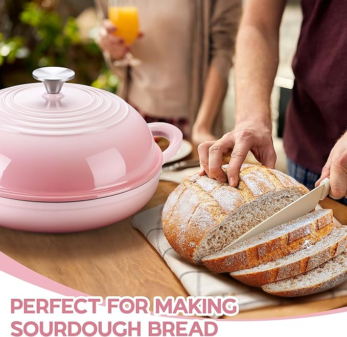 E-far Dutch Oven for Sourdough Bread Baking, 6 Qt Round Enameled Cast Iron Dutch Oven for Homemade Artisan Bread, Dome Lid & Shallow Base, Matte Black Interior & Durable, Oven-Safe to 500?? Pink