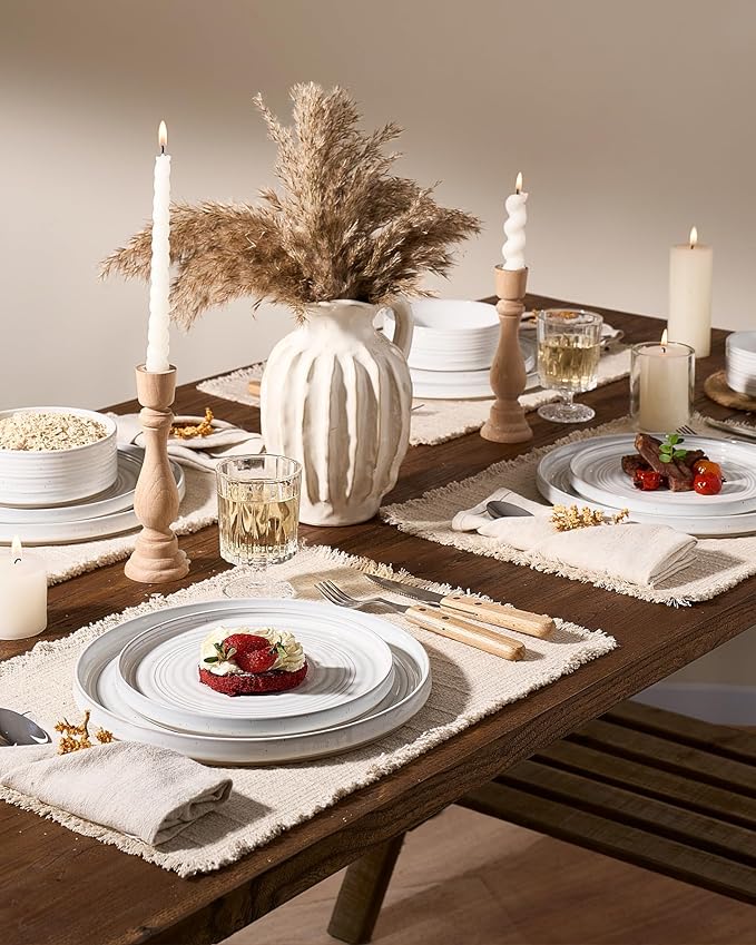 Stoneware Dinnerware Dishes Set for 8, 24 Pieces Spiral Plates and Bowls Sets with Straight Rim, Speckles & Reactive Glaze - Microwave and Dishwasher Safe, White