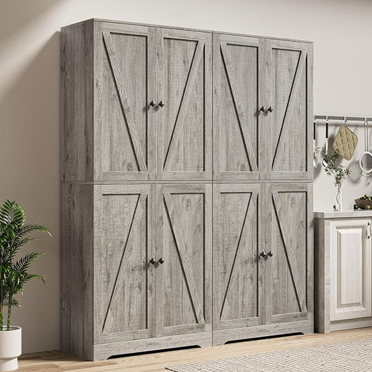 LYNSOM Farmhouse Storage Cabinet Set of 2, 72" Tall Kitchen Pantry Cabinet with 4 Barn Doors and Adjustable Shelves, Freestanding Storage Cabinets for Kitchen, Grey