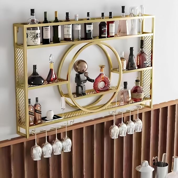 55 Inch Metal Wall Mounted Wine Rack, 3-Tier Bar Shelf with Glass Holder, Modern Large Capacity Liquor Bottle Display Shelf for Home Bar, Dining Room & Kitchen, Gold