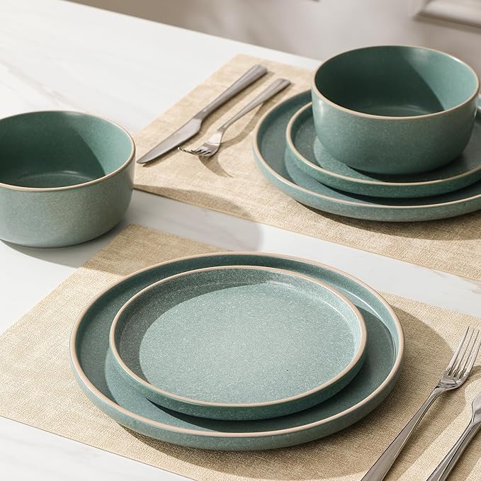 Earth & Clay Amber 12-Piece Dinnerware Set Stoneware, Dishwasher and Microwave Safe Plates and Bowls Set, Dish Set for 4, Green