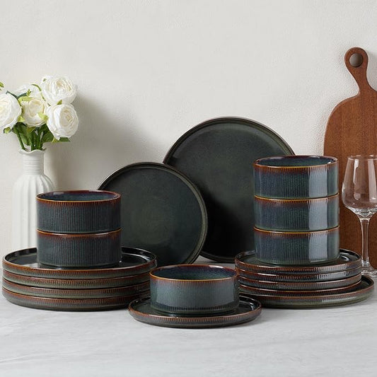 E-far Stoneware Dinnerware Sets, 18-Pieces Modern Plates and Bowls Sets, Kitchen Dinning Porcelain Dishes Set for 6, Chip & Scratch Resistant, Dishwasher & Microwave Safe, Blackish Green