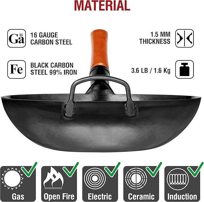 YOSUKATA Carbon Steel Wok Pan ??13,5 ??Woks and Stir Fry Pans + Wok Lid 12.8 Inch - Premium Stainless Wok Cover with Tempered Glass Insert Steam Holes and Ergonomic Handle