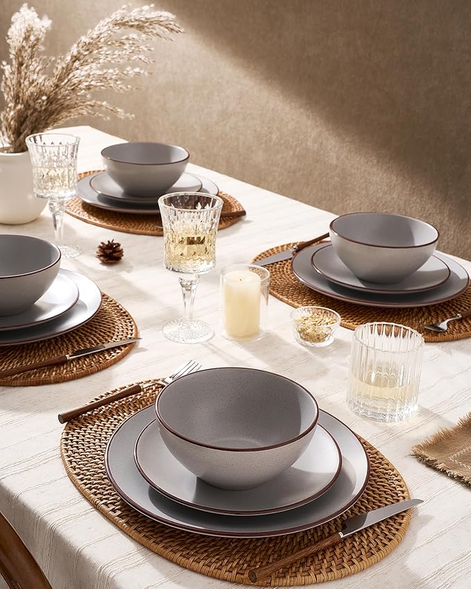Famiware Venus Speckled Dinnerware Set with Pasta Bowls, Service for 4 (16 Pieces), Stoneware Plates and Double Bowls Sets, Microwave & Dishwasher-Safe Dishes with Trim, Matte Light Grey