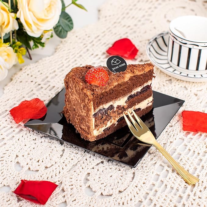 supernal 200pcs Black New Years Dessert Plates with 100pcs Gold Dessert Forks,100pcsElegant Appetizer Salad Plastic Plates,Black Square Cake Plates for Party,Birthday, Wedding,Afternoon Tea