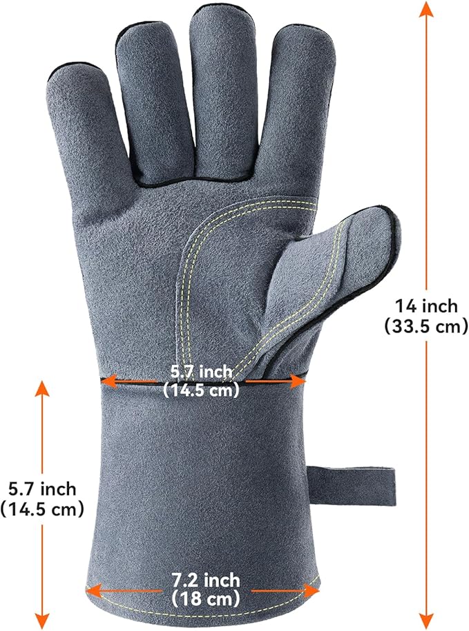 OZERO 932째F Heat Resistant Forge Welding Gloves 14 inches Cowhide Leather - Long Sleeve and Insulated Lining Grill Glove for Tig Welder/Mig/Barbecue/Stove Gray