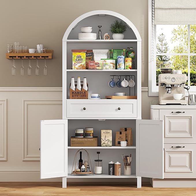 Arched Cabinet with Doors, 71" Tall Freestanding Pantry Cabinet with Large Drawer and 3 Tier Open Shelves, Farmhouse Wood Storage Cabinets, Versatile Cupboard for Kitchen and Dining Room, White