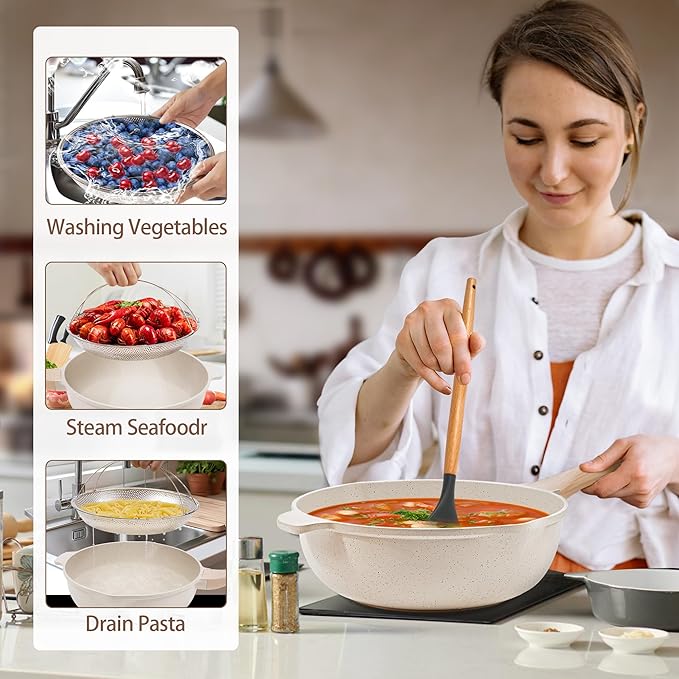AOSION 11 Inch Nonstick Ceramic Deep Frying Pan Skille with Lid,5QT Saut챕 Pan for Cooking with Steam Rack,Healthy Large Skillet,Stay Cool Handle, Induction Compatible, PFOA & PFAS Free.(WHITE)