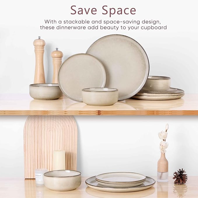 Herogo Stoneware Plates and Bowls Sets for 8, 24 Pieces Modern Round Dinnerware, Reactive Glaze Dishes Set for Kitchen, Chip Resistant, Microwave & Dishwasher Safe, Cream Khaki