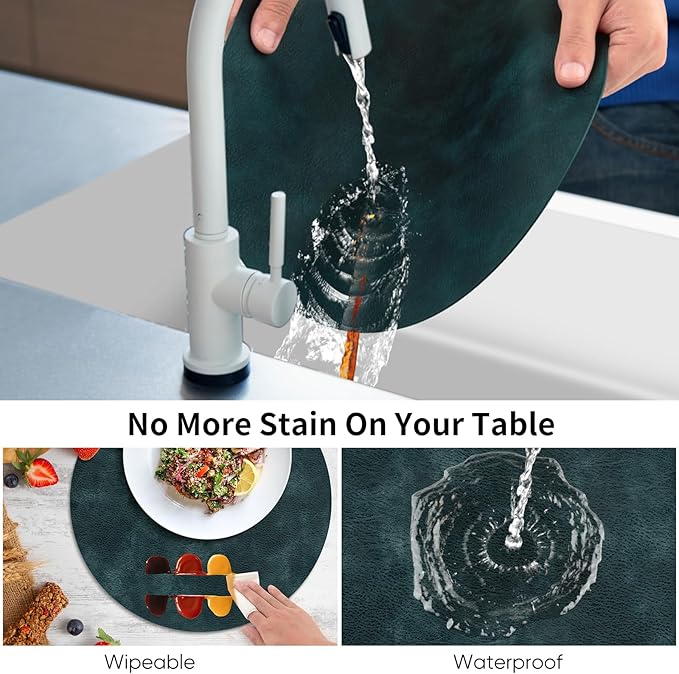 ADRIMER Placemats, Heat Resistant Round Placemats Set of 6 Washable, Waterproof Table Mats, Wipeable Faux Leather Place Mats for Kitchen, Dining Room, Dark Blue