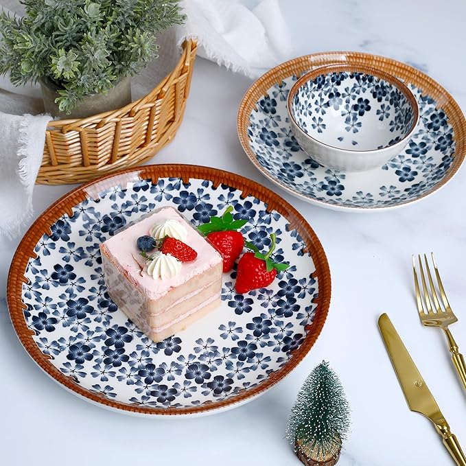 Sakura Blossom Dinnerware Set 12-Piece, Porcelain Plates and Bowls Set for 4, Microwave and Dishwasher Safe